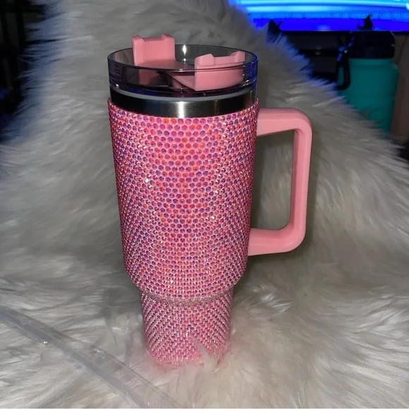 Pink Rhinestone Tumbler Stainless Steel Style 40oz with Handle New - Picture 5 of 15